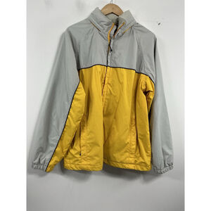 Mens Tek Gear Hooded Windbreaker Large Gray Yellow Full Zip Hidden Hood